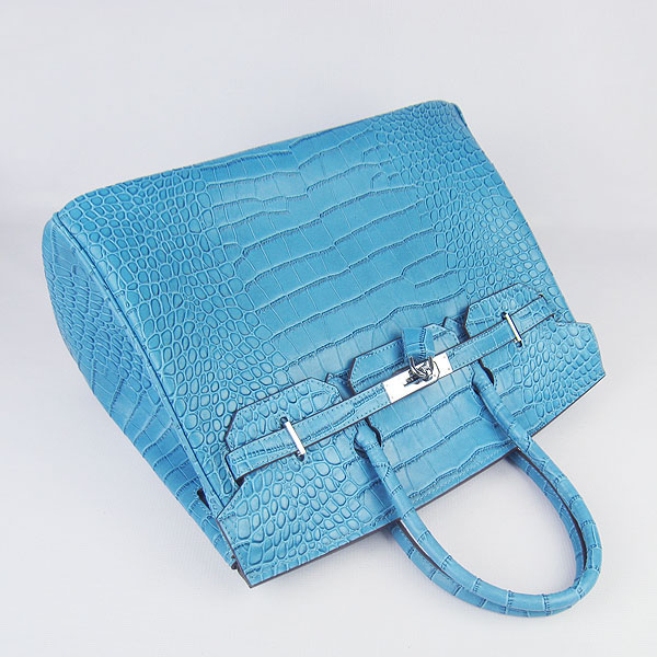 High Quality Fake Hermes Birkin 35CM Crocodile Veins Leather Bag Blue 6089